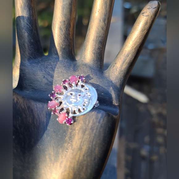 Pink star Ruby & Rhodolite sterling moon 🌙 & Sun ☀️ brooch - Picture 4 of 9
